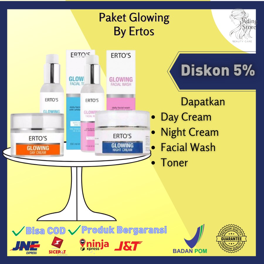Ertos Paket Glowing SkinCare Krim Cream Pembersih Pemutih Glowing Perawatan Kecantikan Muka Wajah
