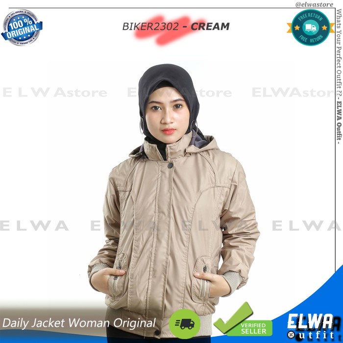 Jaket Wanita BIKER 2302 CREAM Jaket Motor Sporty Parasut Wanita Anti Angin Hoodie - Allsize M L(P2F9