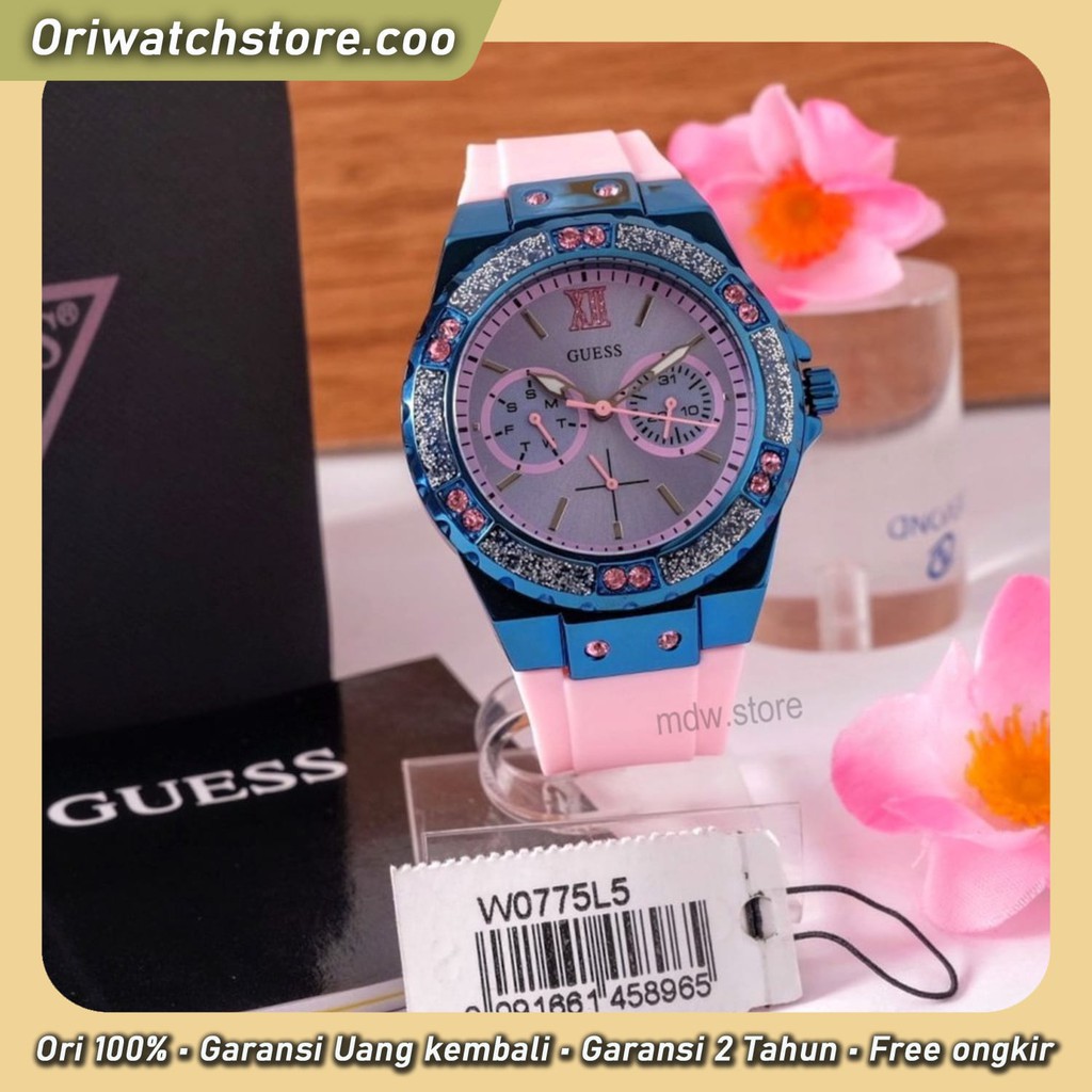TERLARIS GUESS ORIGINAL GARANSI JAM TANGAN WANITA LIMELIGHT MULTIFUNCTION RUBBER STRAP W0775L5