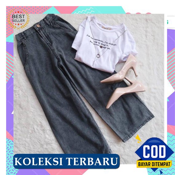 Celana Jeans Wanita M L Lp 90 Pinggang Kancing Dan Karet Model Terbaru Kekinian Yosi Pants Kulot Jea