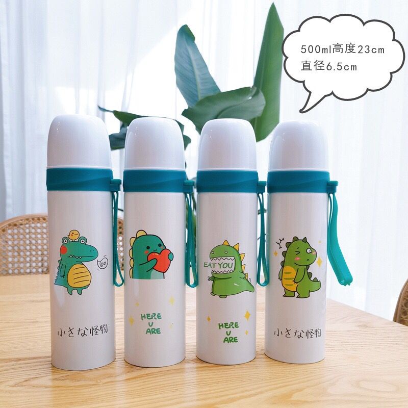 Botol Minum Tahan Panas H/C 8 jam++ Vacuum Flask 500ml Motif Kartun Dino Lucu + Bubble