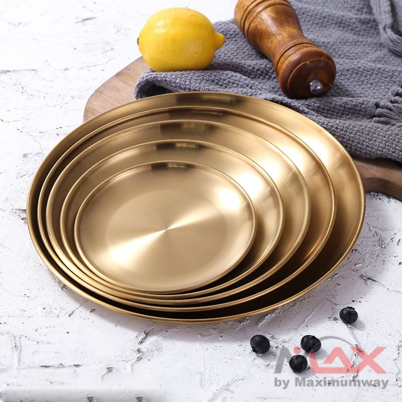 Piring Besi Stainless Steel Food Grade Beli untuk selamanya anti pecah anti karat tidak beracun Makan European Style Stainless Steel gold dan silver European Style Dinner Plates Gold Dining Serving Dishes Steak Kitchen Round Cake Tray Western dinner set