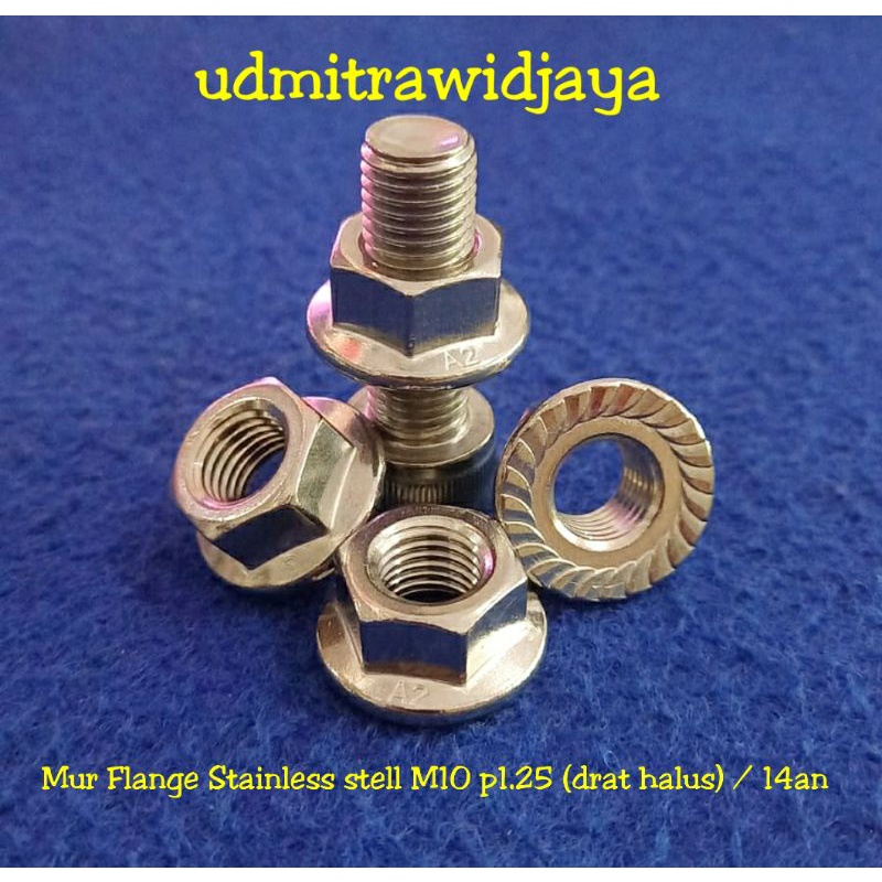 Mur Flange Stainless stell M10 p1.25 mur topi kunci 14 / 15 ss mur ring baut mur flange 10mm M10x1.25 SS bahan mur probolt baut 14an dratt halus