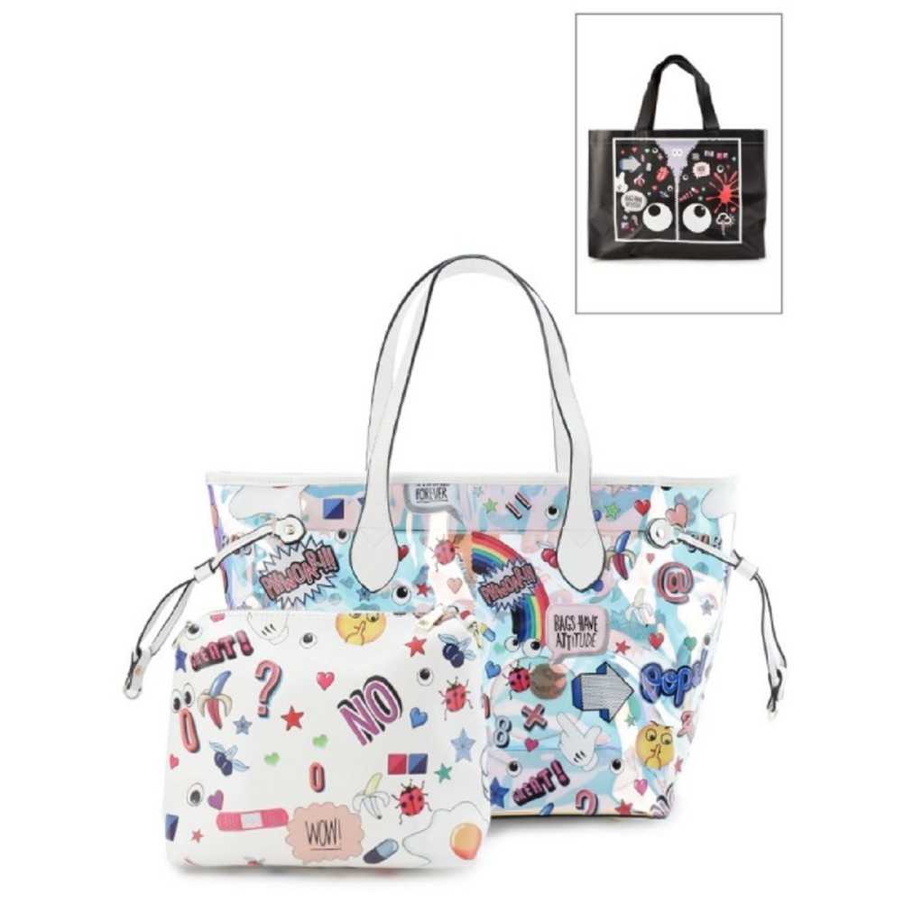 HUER Reghy Eye Theme Printed Hologram Tote Bag 9454-152White