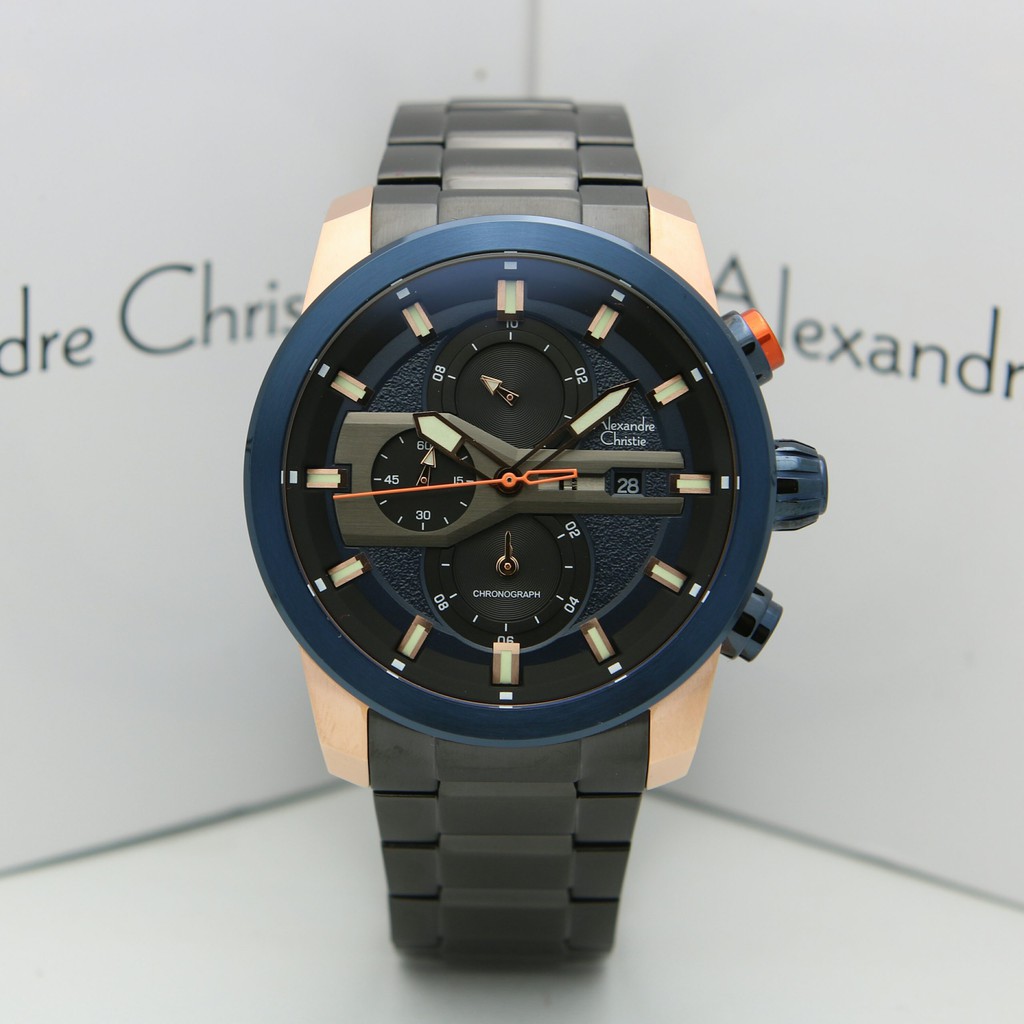 Jam Tangan Pria Alexandre Christie AC 6559 MC BURBU Black RoseGold dial Blue Original