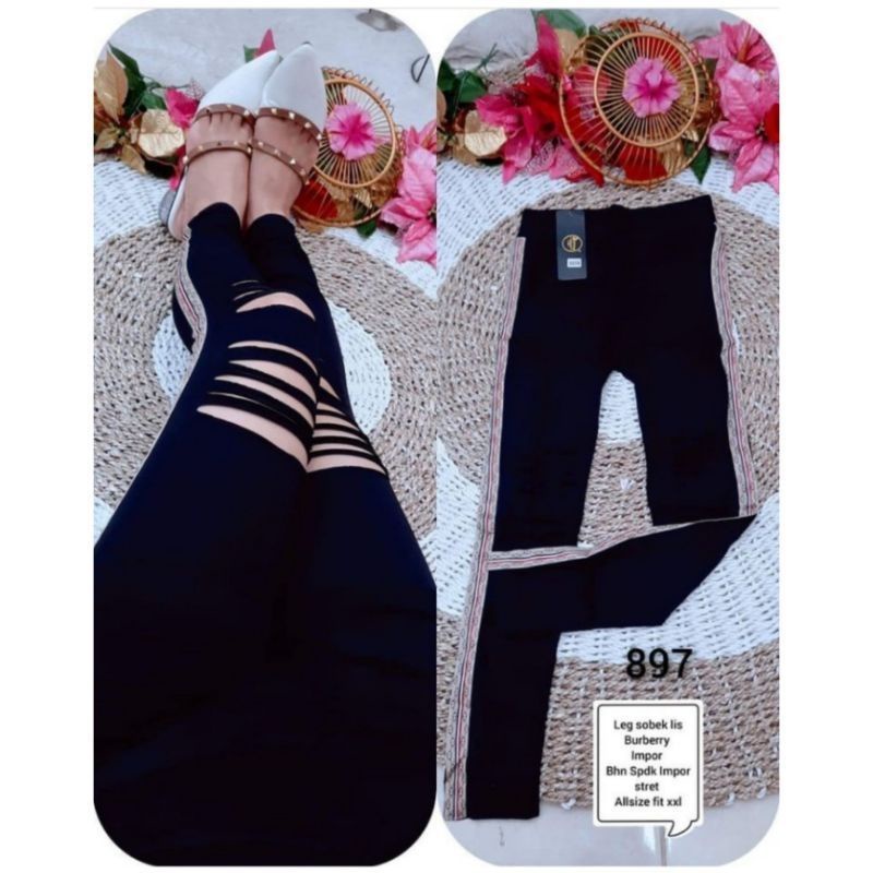 Legging Hw Wanita Import Motif Sobek Fit S-XXL (Bb 40-80 Kg) Jumbo Ripped Leging