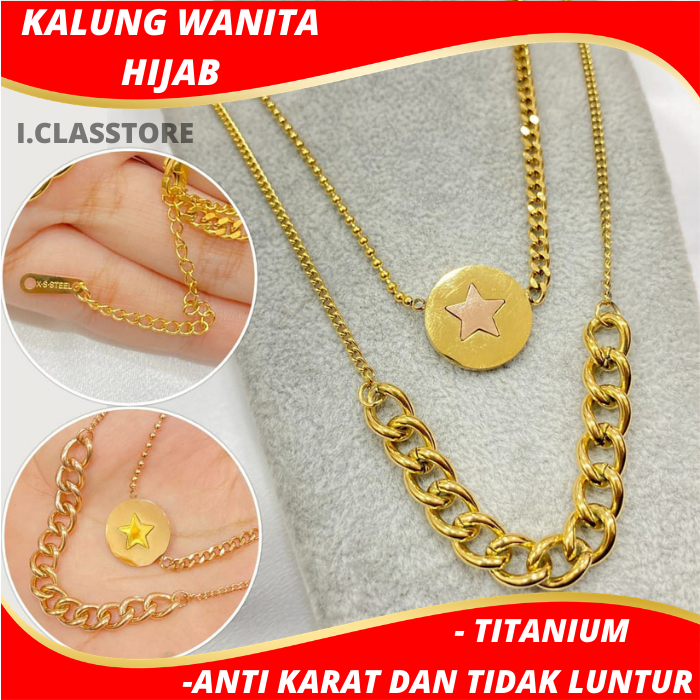 Kalung Tianium Wanita Hijab 2 Layer 75 cm Anti Karat Aksesoris Fashion Perhiasan Kekinian