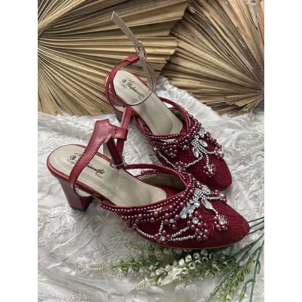 sepatu wanita pesta wedding melani tali merah marron 7cm tahu