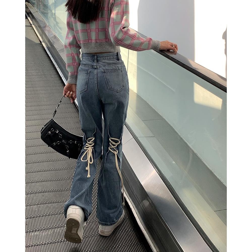 Suhao Microflared Jeans Wanita Musim Semi dan Musim Gugur Baru Spice Girl Tinggi Pinggang Lurus Terlihat Slim Tinggi Band