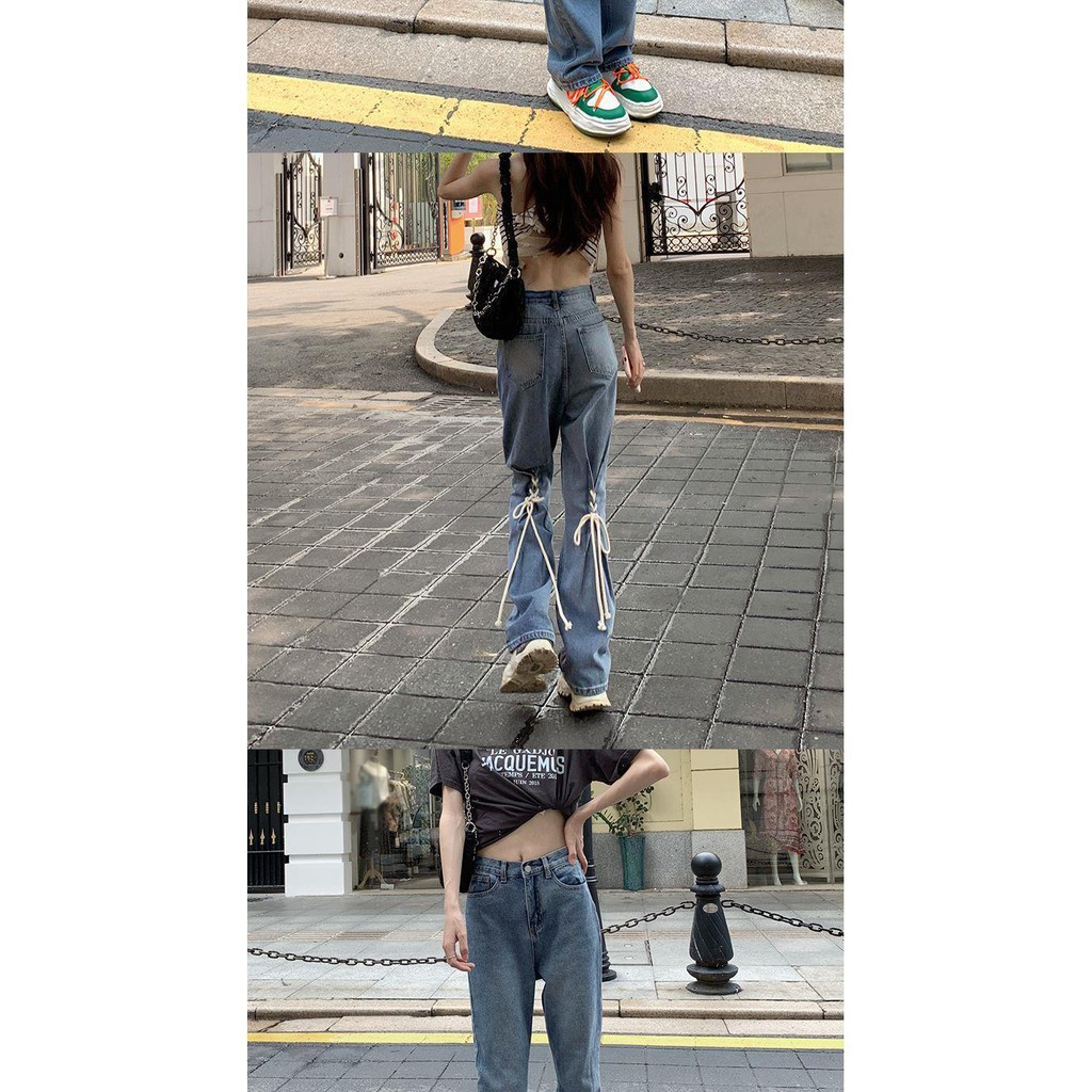Suhao Perasaan Pinggang Tinggi dengan Tali Lurus Longgar Jeans Wanita Baru Terbungkus Celana【8Dikiri