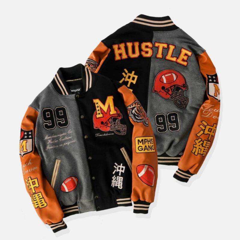 jaket baseball varsity HUSTLE memphis japan pria dan wanita bahan lembut dan tebal