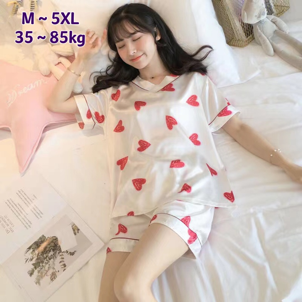 BIG SIZE Set piyama sutra wanita 1set pakaian tidur kaus longgar kartun lucu lengan pedek+celana pendek 2023