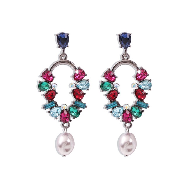 LRC Anting Tusuk Fashion White Diamond Diamond-shaped Pearl-shaped Hollow Alloy Earrings K25887