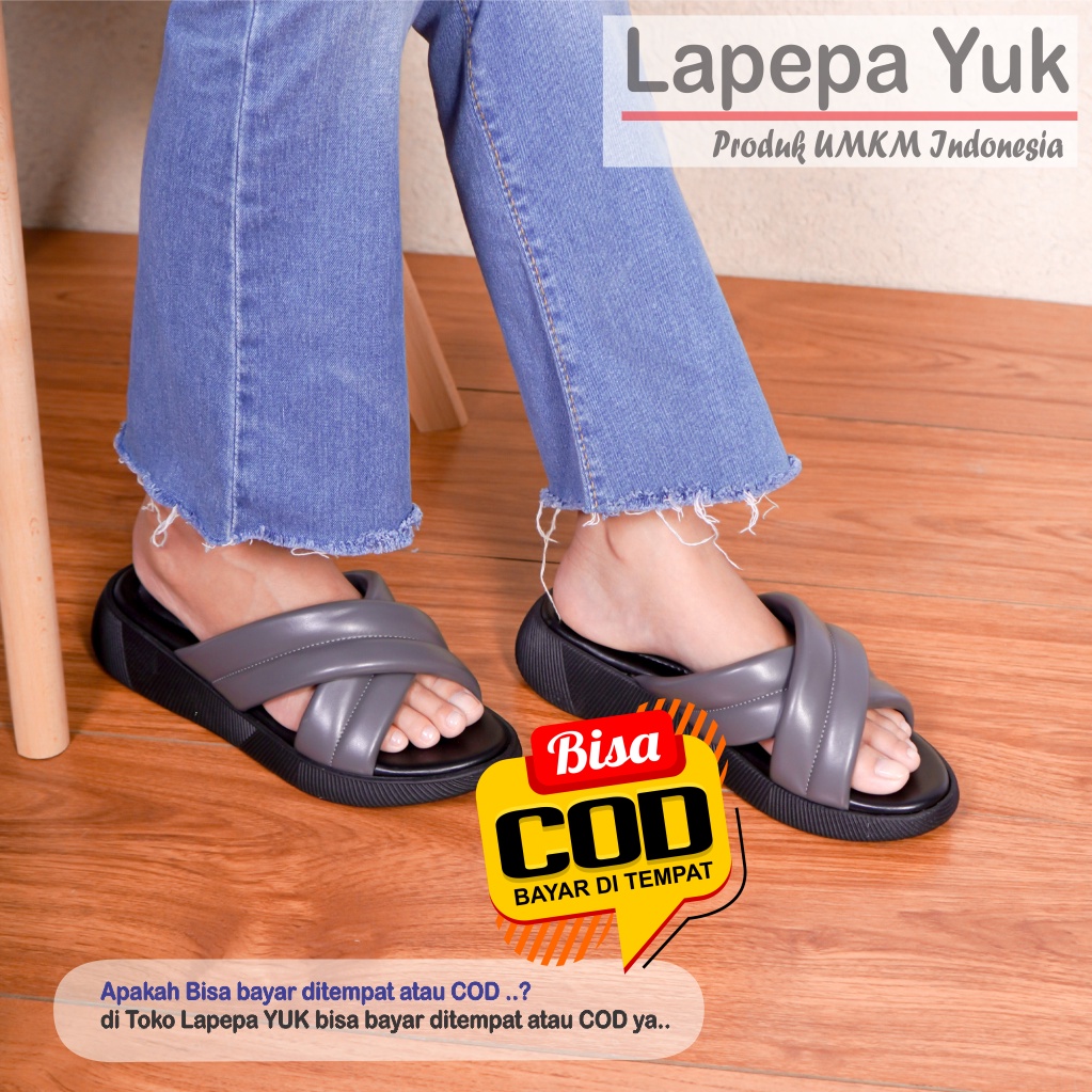 LAPEPA YUK - Sandal Wanita Wedges NADHIRA Sendal Cewek Platform Kondangan Hak Tinggi 3cm Model Silang 2 Size 36 37 38 39 40 41 Pergi Jalan Casual Santai Rumah Slop Warna GREY Abu abu Selop Premium Original Kekinian Terbaru Shoes ORI Mall Official Store