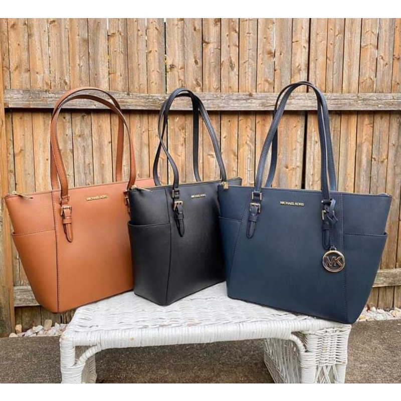 Michael Kors Saffiano Leather Charlotte Large Top Zip Tote Bag, Navy