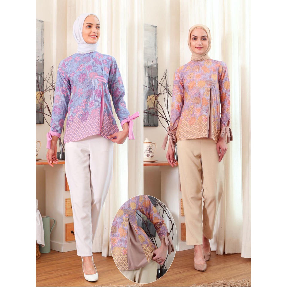Blus Batik Wanita Kekinian-Batik Wanita-Blus Wanita Kekinian-BlusBatik Kombinasi polosan-atasan bati