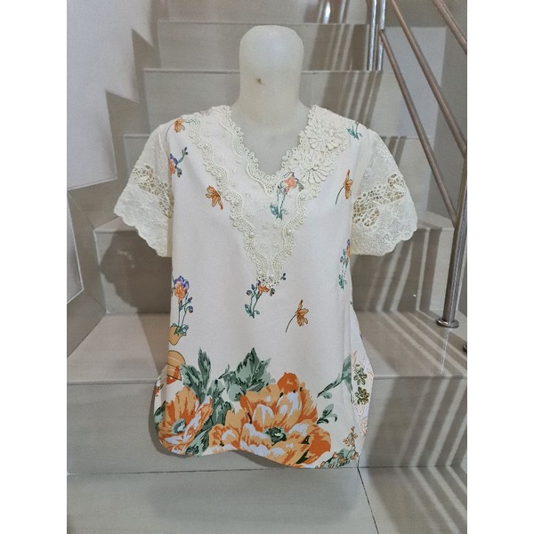 Blouse Brukat Bunga Renda Combi Brukat Impor XL-2XL-50 - Cream Ld 102
