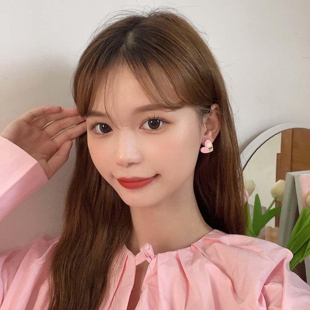 Mxbeauty Anting Tusuk Bunga Pink Hijau Asimetris Anting Wanita Tulip Anting Musim Panas Anting Gaya Korea