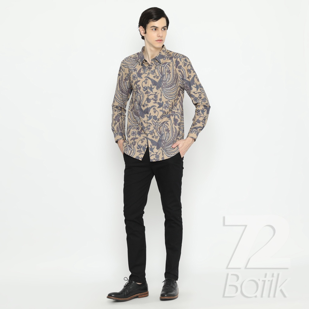 BATIK COUPLE MODERN Kemeja Rok Lilit Instan Batik Pria Lengan Panjang Premium Motif Phoenix Cream 721054 CAP 72