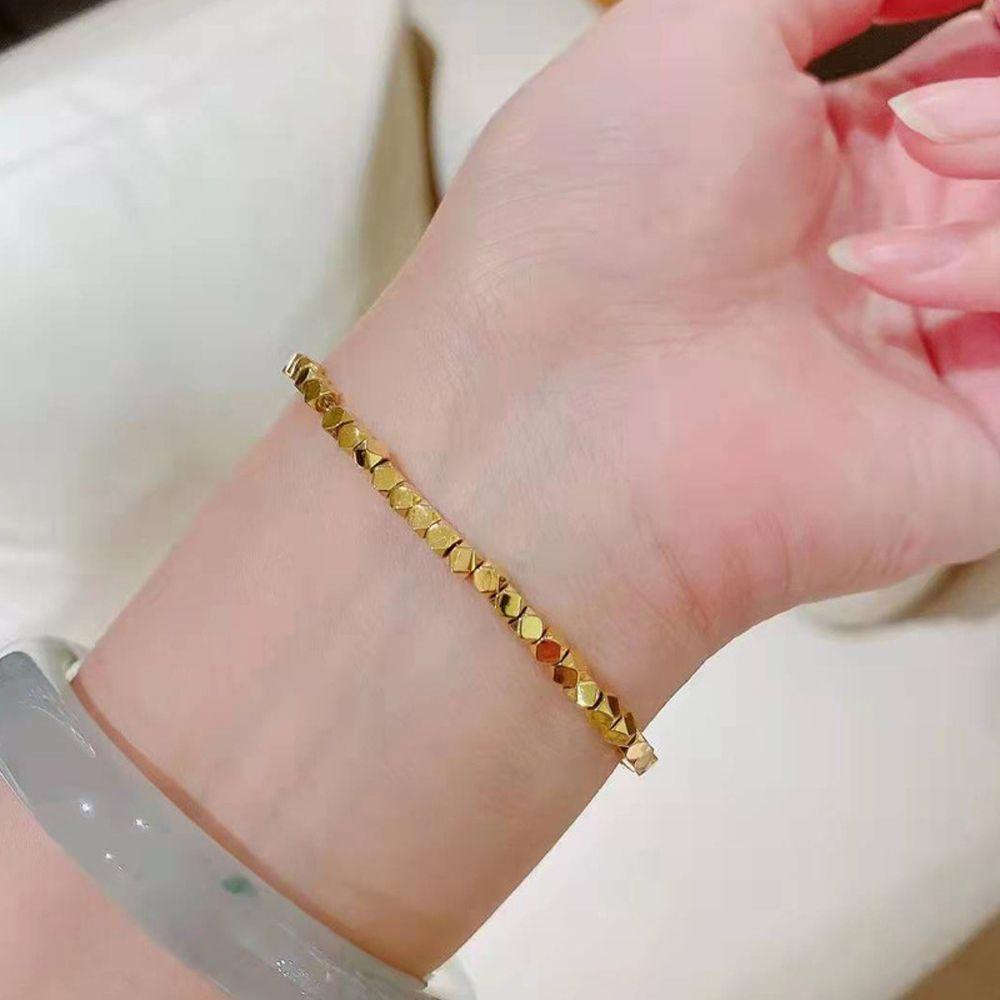 Mxbeauty Gelang Manik-Manik Kubus Elegan Sederhana Perhiasan Pergelangan Tangan Manik-Manik Persegi Warna Emas Perak Logam Wanita Bracelet