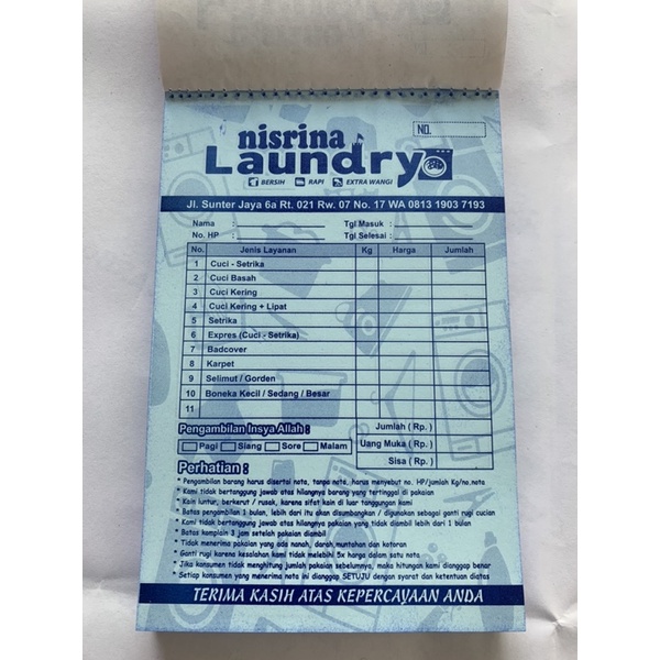 

Nota Laundry Custom 2 Ply, Ukuran 10 x 16 cm, Pembelian Harus 40 Buku