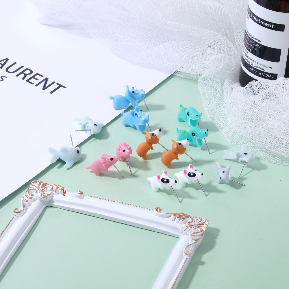 1 Pasang Anting Stud Piercing Bentuk Kartun Hewan Anjing Paus Dinosaurus Bahan Resin Warna-Warni