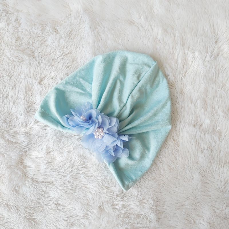 Turban Bayi 0-3th Bunga Besar - Bandana bayi - Kerudung Anak Bayi-Biru muda