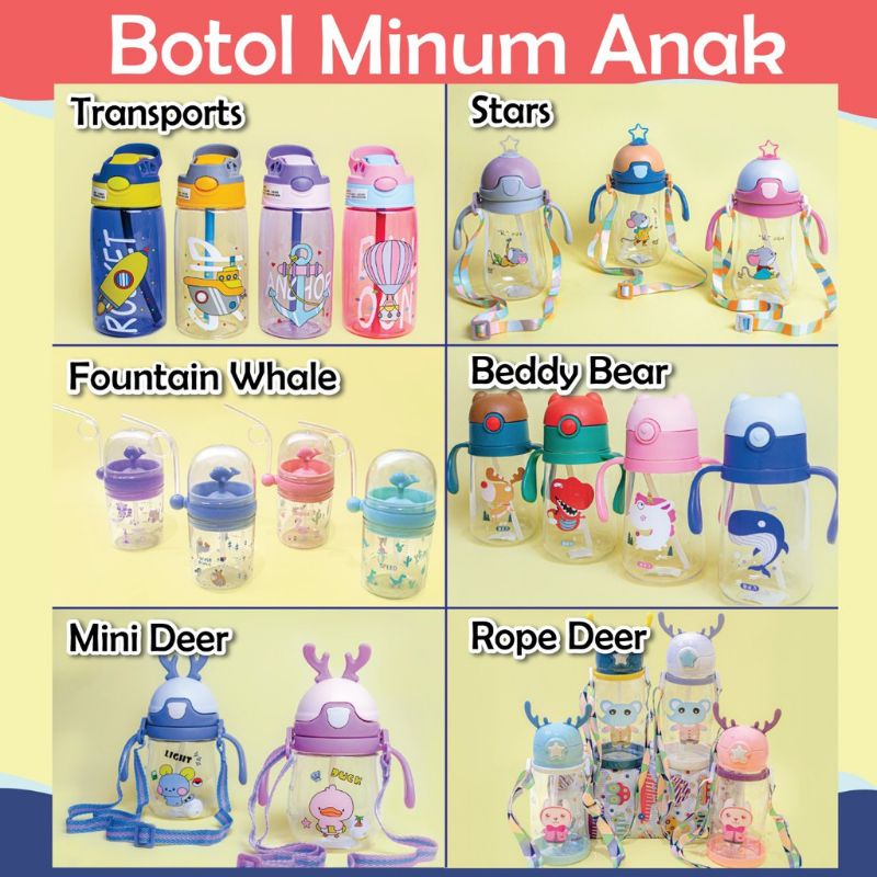 Botol Air Minum 450 ml / Botol Minum Anak Lucu Motif Karakter Imut dengan Sedotan BPA FREE Botol