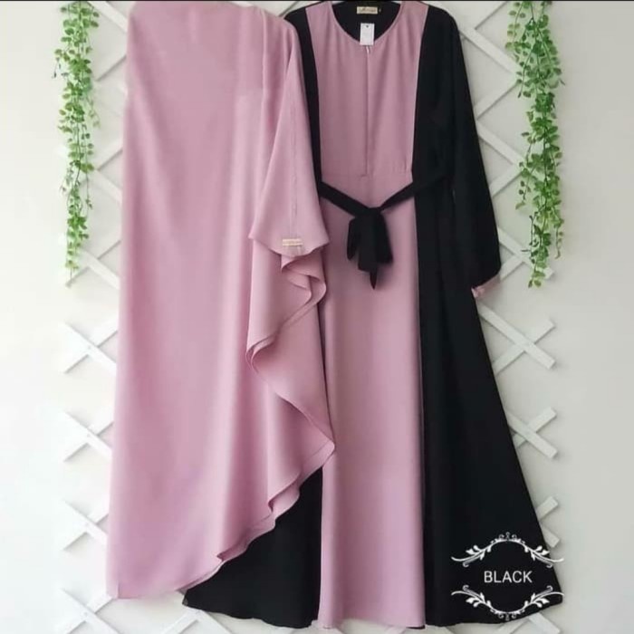 Baju Gamis Syari Set Khimar Hijab Dewasa kekinian Murah Terbaru - black