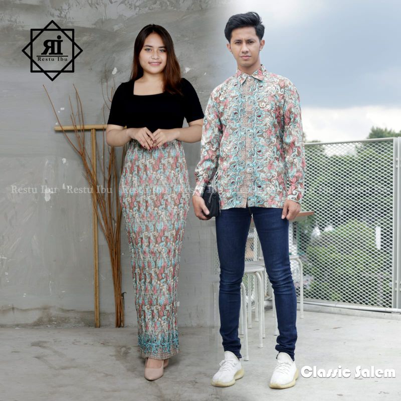 Zaja - Baju Couple Cewe Cowo Baju Batik Pria Dewasa Lengan Panjang Kemeja Couple Rok Batik Sutra Plisket Cantik Cocok Untuk Pergi Acara Kondangan