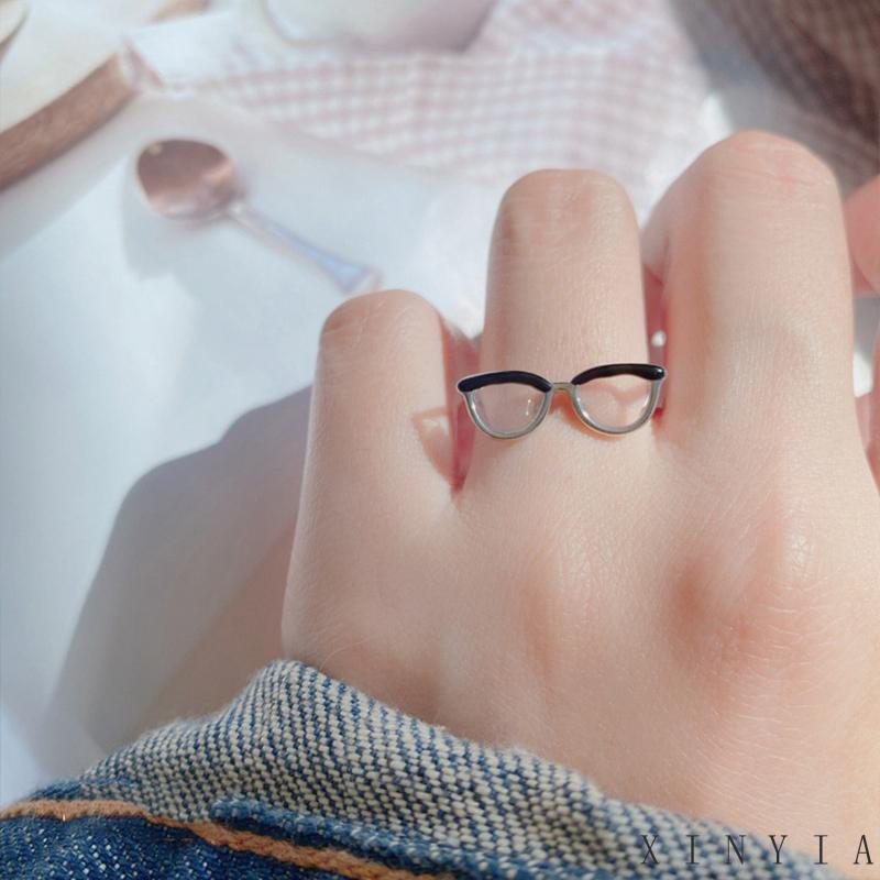 Xia.id Cincin Model Terbuka Desain Kacamata Enamel Adjustable Untuk Wanita