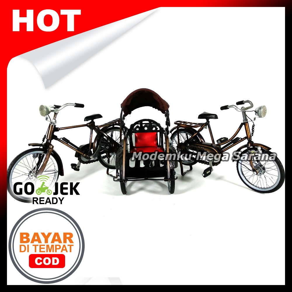 Paket Antik Jogja - Miniatur Becak Besi Miniatur Sepeda Onthel Laki &amp; Perempuan