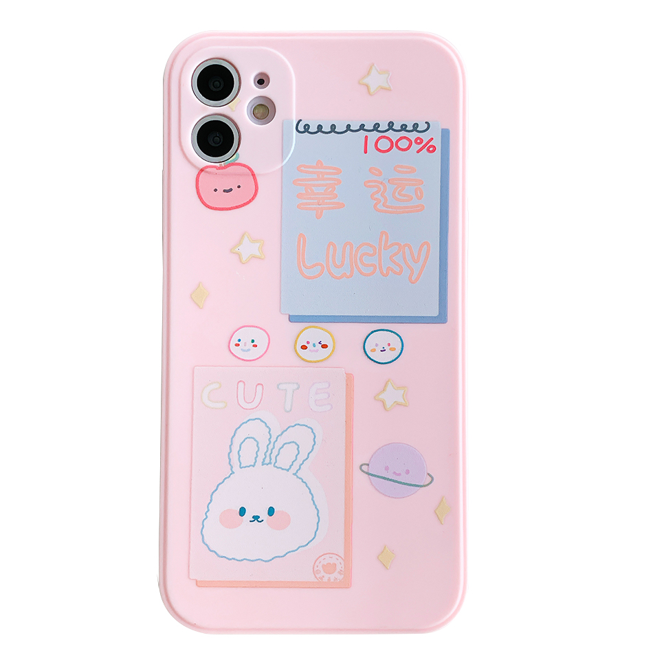 Luck bunny cute Bear pattern white iphone case 6 6s 7 8 plus XR 11 12 mini pro max Straight edge protection camera phone Cover-02P