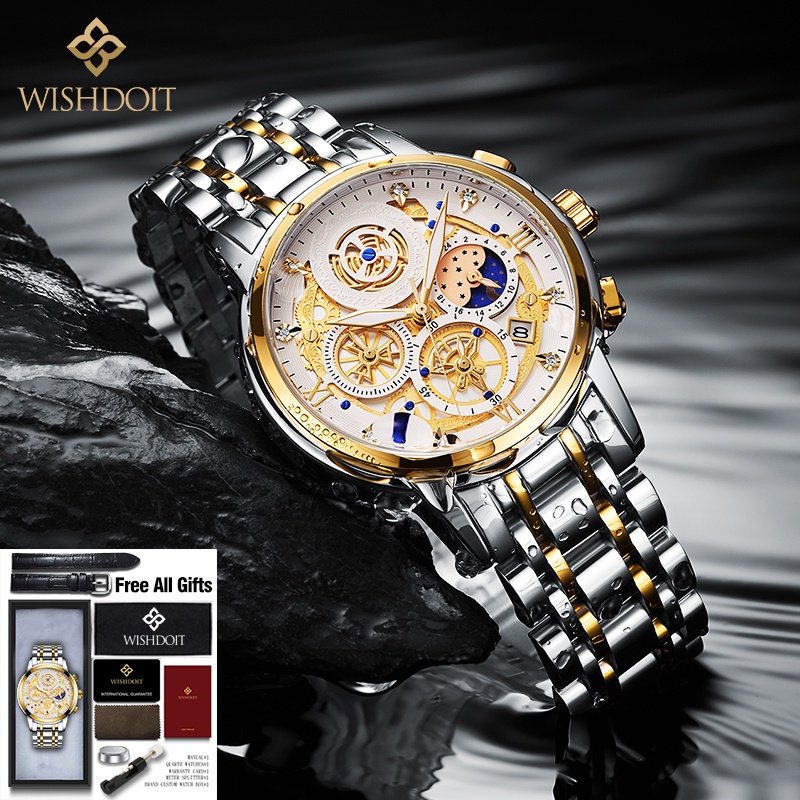 WISHDOIT Jam Tangan Pria Original Tahan Anti Air Laki Laki Lelaki Terbaru Keren Jam Tangan Cowok Besi Tahan Karat Silver/Hitam Luxury Men Watch Waterproof Stainless Steel Fashion Analog Sun/Moon/Stars Multifunction Chronograph Mechanical [Real Three Eyes]-Sliver golden