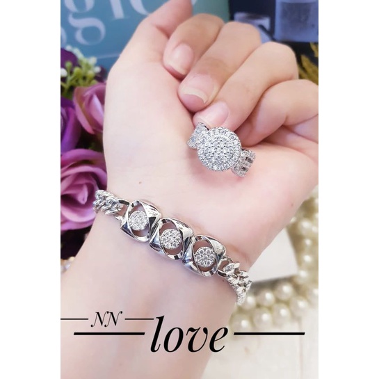 Satu set perhiasan gelang dan cincin wanita murah lapis emas putih awet premium quality