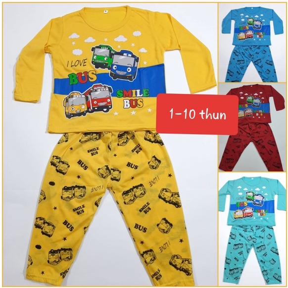setelan anak 1- 10 tahun laki laki kaos celana lengan panjang PP baju tidur cowok mobil bus grosir