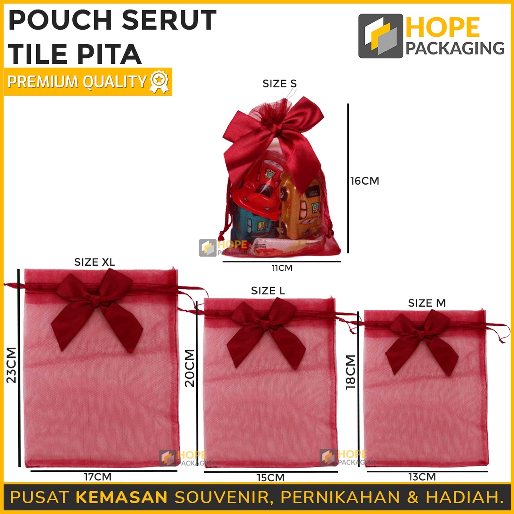

[Harga / 5 Pcs] Kemasan Pouch Serut Kain Tile Pita Merah/ Souvenir Wedding/Pernikahan Aksesoris Lainnya