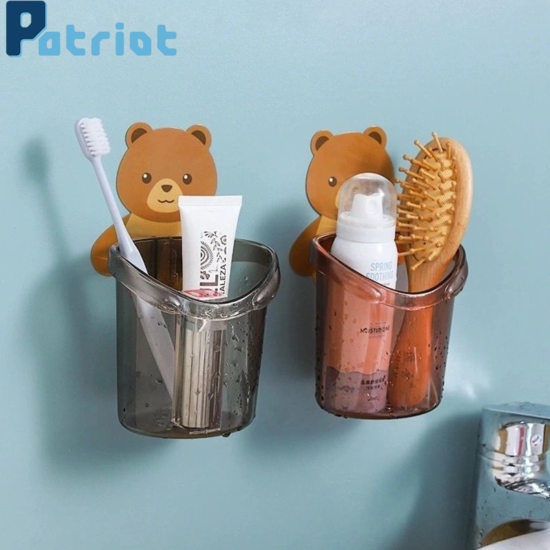 1pc Free Punch Wall Mounted Bear Toothbrush Storage Holder for Bathroom