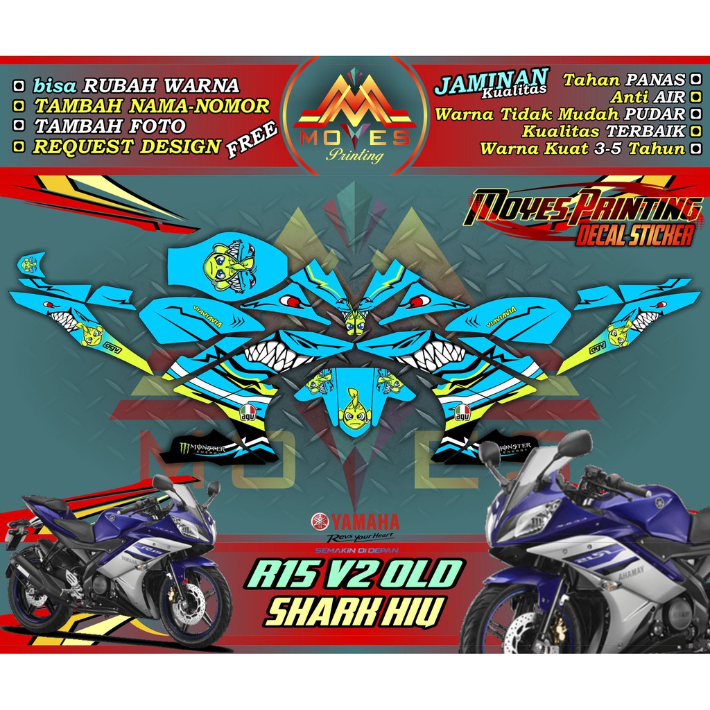 sticker decal full body yamaha r15 v2 - decal stiker motor r15 v2 - motif shark hiu