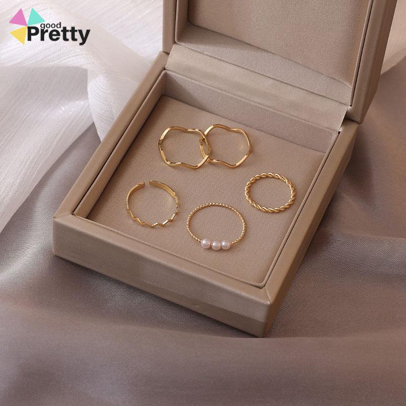 5 pcs Cincin Set Fashion Aksen Berlian Imitasi Mutiara Untuk Wanita - PD