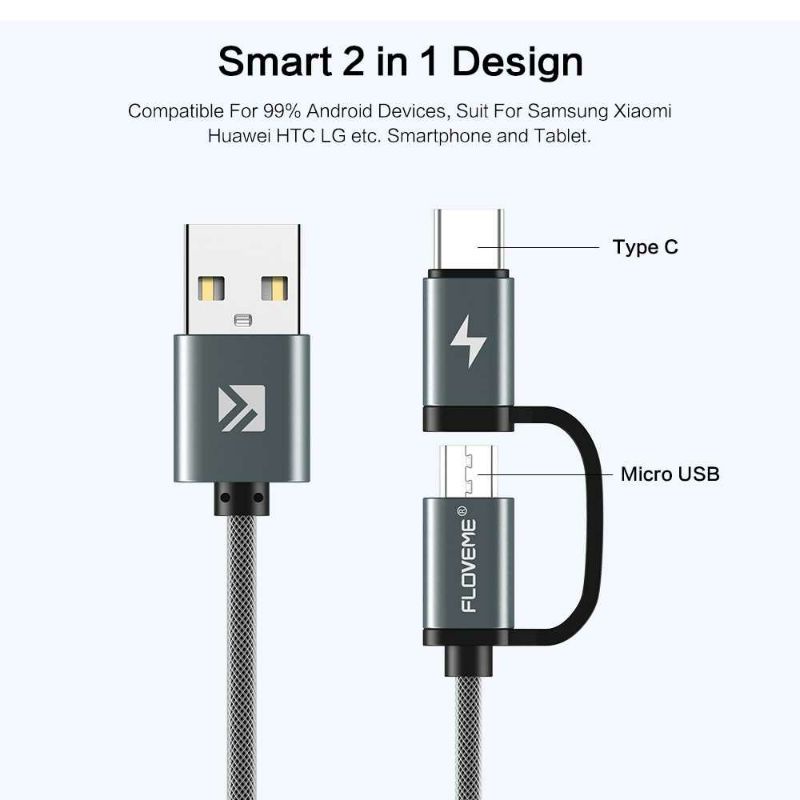 Floveme Kabel Data Charger 2 in 1 Micro Usb + Usb Type C Fast Charging QC3.0