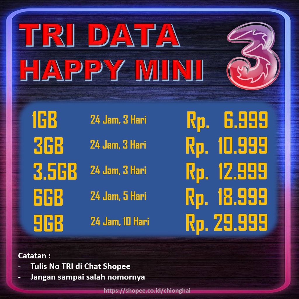 KUOTA Tri Three 3 HAPPY MINI 1GB 3GB 6GB, 9GB 3HARI 5HARI 10HARI 30HARI