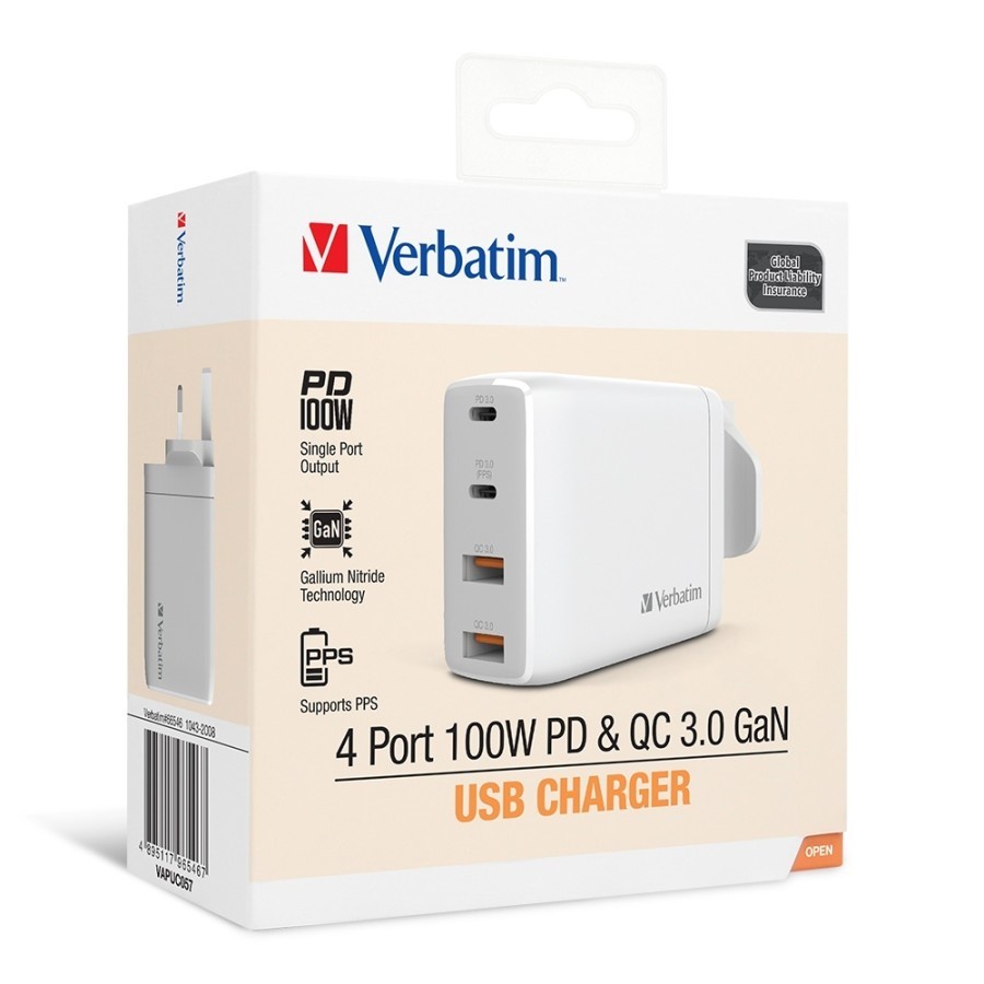 USB Charger Verbatim 4-port 100W with PD 3.0 &amp; QC 3.0 GaN - 66545