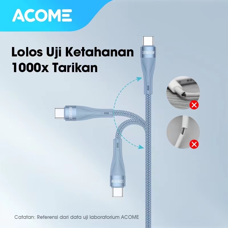 Acome Kabel Data Type-C 2 100W 2 in 1 Quick Charging Cable Garansi Resmi 1 Tahun ACC012