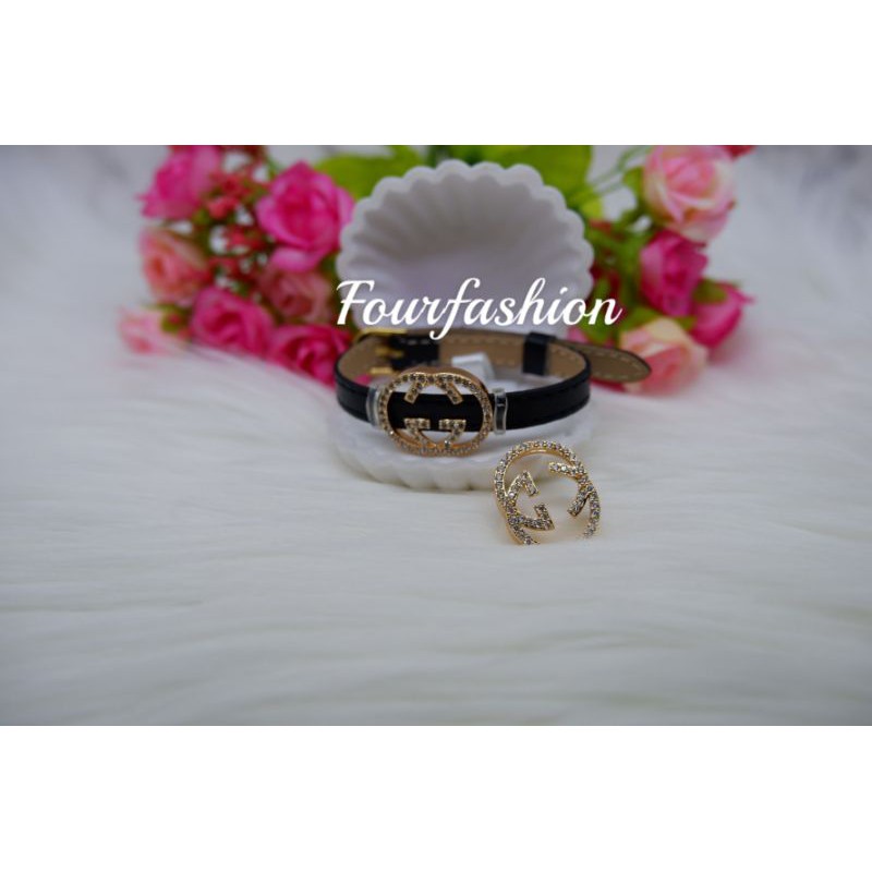 Fourfashion Gelang Sabuk Kulit/Pasir/Titanium Liontin GG Premium Kekinian TH025