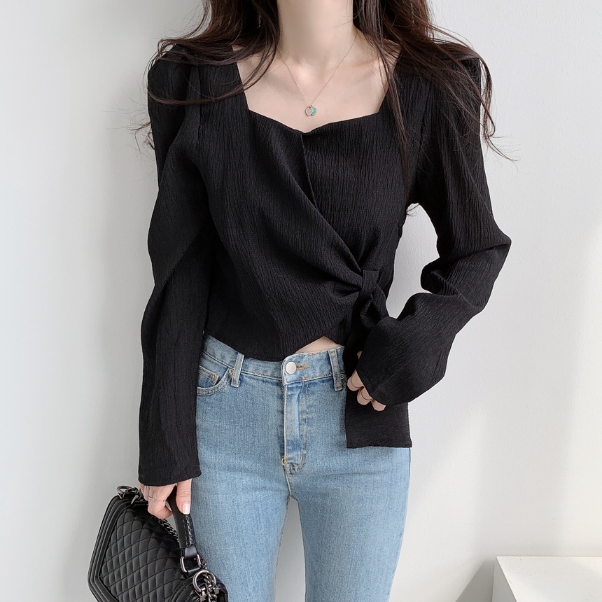 korean style Crinkle Blouse Import/ kemeja wanita import crop blouse/kaos hitam/kaos putih/Kemeja wanita style Prancis katun cron kerah POLO