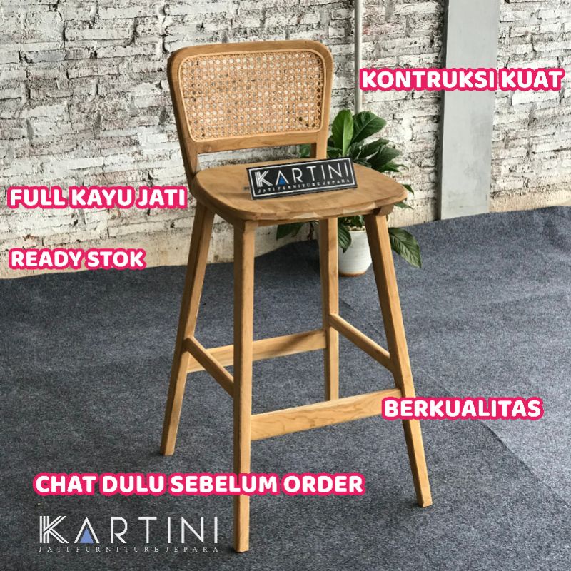 kursi bar rotan kayu jati, kursi cafe bar rotan, kursi tinggi bahan kayu jati tinggi 75cm, kursi mak