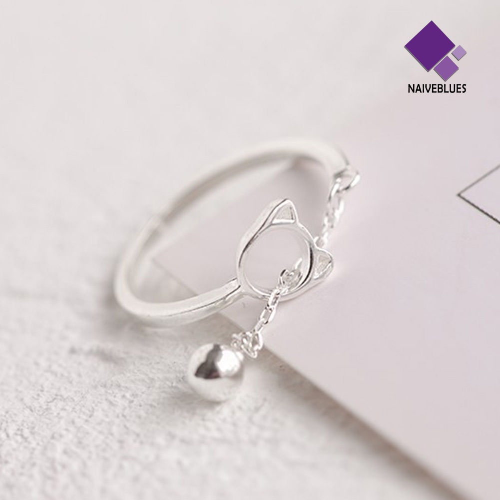Naiveblue &gt; Cincin Terbuka Motif Kucing Aksen Hollow + Rantai + Bel Untuk Perhiasan Wanita