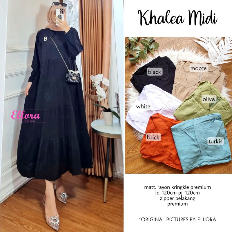 Khalea Midi Dress, Bahan Rayon Crinkle Premium