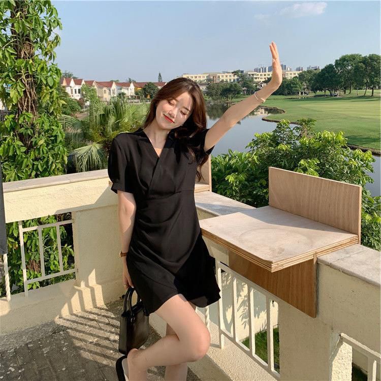 [littlecrab] Dress Wanita French Style Hitam Putih Biru Langit Dress V Neck Simple Elegan Casual Berkerah Dress Polos Dress Jalan Soft Color Dress Pesta Dress Pendek High Quality Dress Berkualitas Korean Style